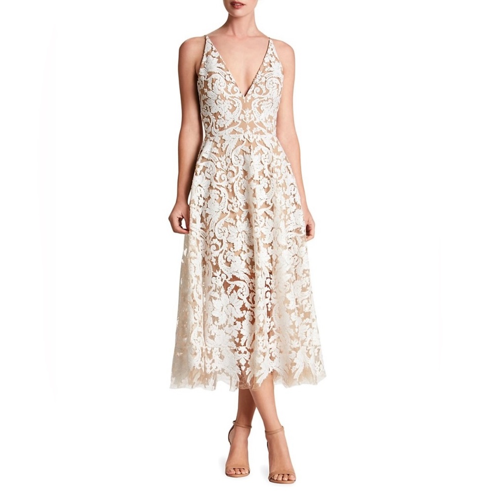 Dress The Population Blair Sequin Lace Midi Dress White Nude Size Small S